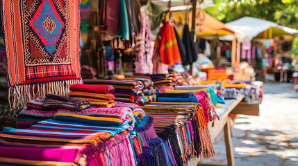 Naklejka premium Colorful textiles are displayed in a vibrant market, showcasing intricate patterns and rich hues, inviting shoppers to explore the local craftsmanship and culture