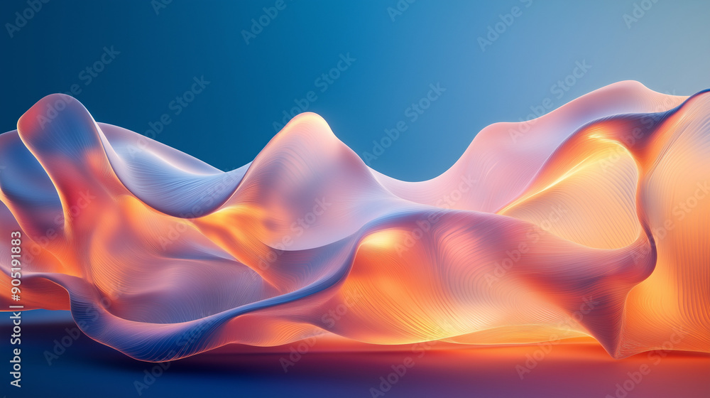 Poster a fluid, wavy formation that resembles a flowing fabric or liquid. it's set against a gradient backg