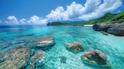 Obraz premium Idyllic Tropical Beach Paradise with Crystal Clear Turquoise Water and Blue Sky