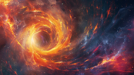 Obraz premium A bright cosmic vortex, like a gateway to another world, is surrounded by fiery energy and stars. Dynamic streams of fire and light attract the eye, conveying the power of cosmic phenomena.