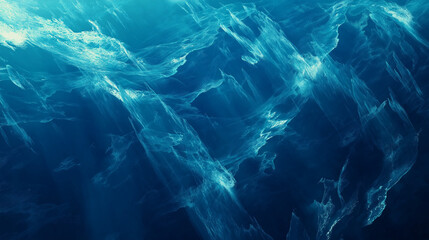 underwater scene, dominated by shades of blue. The water's surface is disturbed, creating ripples and patterns that reflect light in various hues