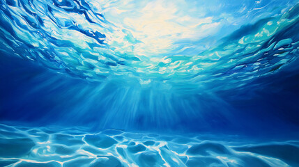 underwater scene, dominated by shades of blue. The water's surface is disturbed, creating ripples and patterns that reflect light in various hues