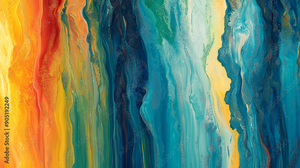Poster a vibrant and colorful abstract pattern. it features vertical streaks of varying widths and hues, ra