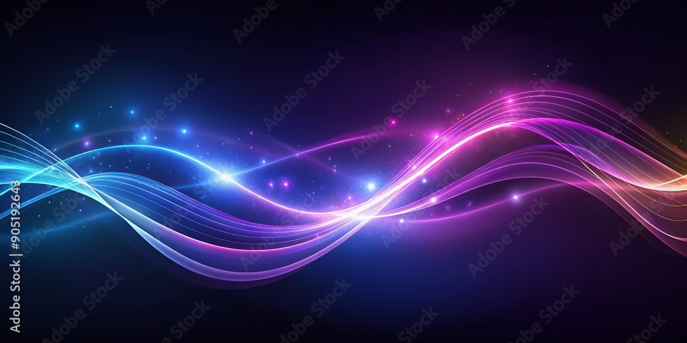 Poster dark abstract background featuring a glowing wave with shiny moving lines design element, showcasing