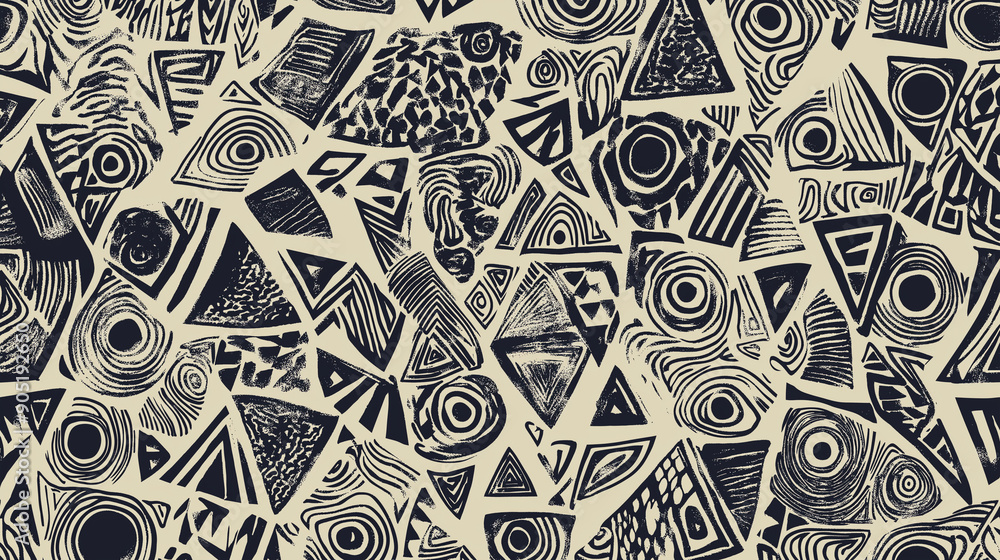 Poster a repetitive pattern of various abstract shapes, predominantly in black and white. these shapes incl