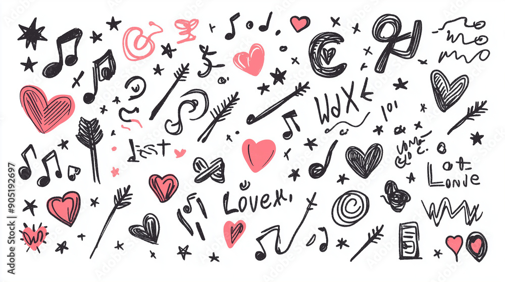 Aufkleber a collection of doodle-style elements scattered across a white background. these elements include sw