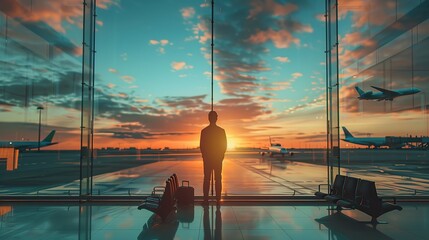Man Observing Planes in a Modern Airport Terminal