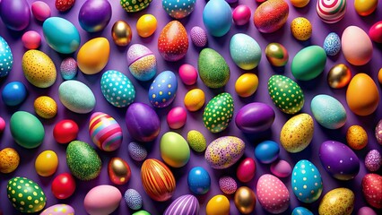 Fototapeta premium Vibrant Easter eggs in shades of pink, yellow, blue, and green are scattered randomly on a rich, bold purple background, creating a festive and playful scene.