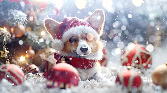 a festive wallpaper featuring cute fox dressed in Santa hats and scarves, christmas decoration tree. seamless looping time-lapse virtual 4k video animation background