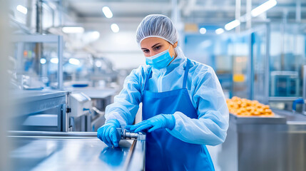 a factory worker in protective clothing and gloves operating machinery in a food processing plant. The scene emphasizes hygiene and efficiency, food industry, machinery operation,