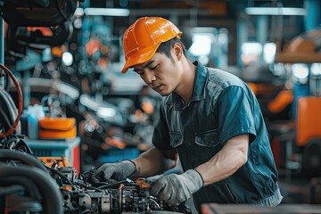 Car mechanic working in auto repair service. Closeup of auto mechanic hands repairing car engine