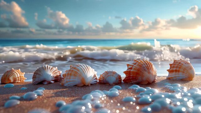 Tranquil ocean waves washing over seashells on sandy beach