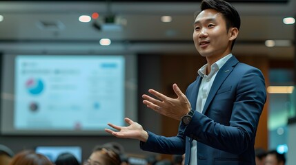 Asian Man in Suit Giving Presentation to Audience