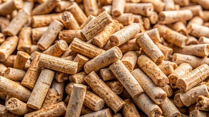 Close-up of wood pellets, a cheap and eco-friendly biofuel source, resembling cat litter, piled together, showcasing a sustainable alternative energy option.