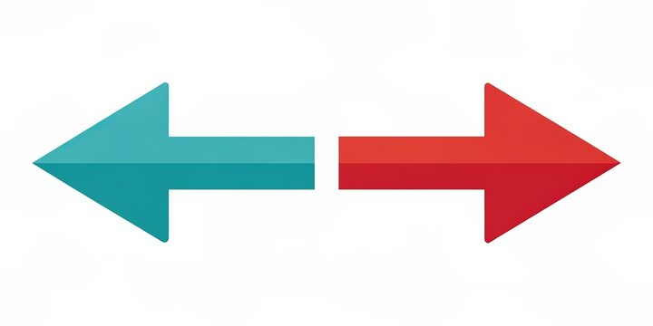 Opposite direction left and right arrows intersect, symbolizing navigation, forward and backward motion, conveying decision making and contrasting choices in a modern simple design.