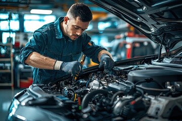 Car mechanic working in auto repair service. Closeup of auto mechanic hands repairing car engine