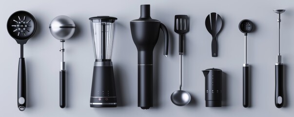 Collection of modern black kitchen utensils arranged neatly on a surface, ideal for culinary design and kitchen decor.
