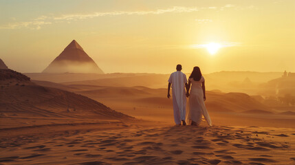 Couple in love during honeymoon visiting pyramids of Egypt