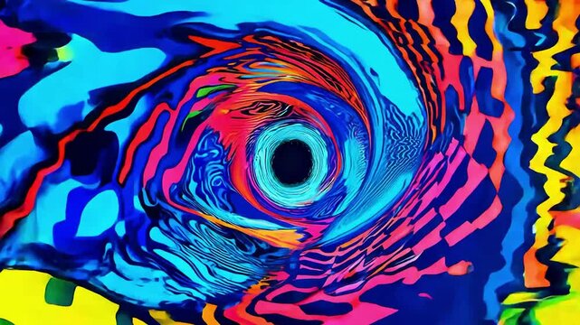 A colorful video feedback in bright colors rotates like a tunnel.
