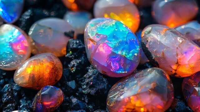 Shimmering opal gemstone with colorful iridescence on dark backdrop