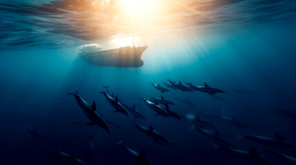 Obraz premium Underwater scene showcasing dolphins swimming under a boat with rays of sunlight piercing through the clear blue water.