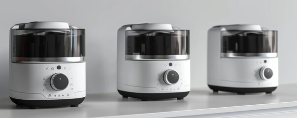 Three modern white food processors arranged on a shelf, showcasing their sleek design and practical features for kitchen use.