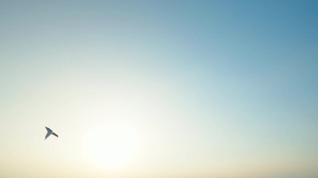 Hand girl holding paper airplane flies against  blue sky slow motion close up. Hand holds handmade craft paper airplane against sunset. Lifestyle. Freedom. Travel concept. Tourism.