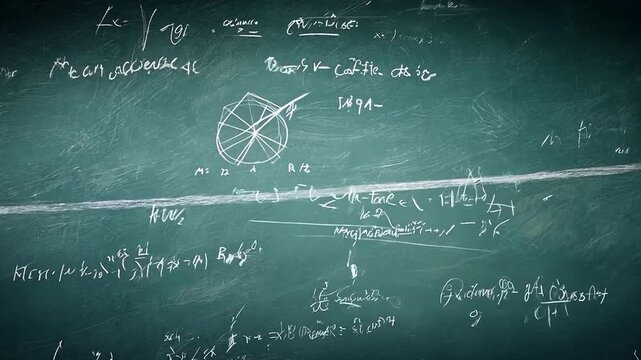 Formulas and symbols of mathematics drawn with chalk on a green board.