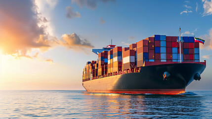 A cargo ship loaded with colorful containers sailing on calm waters during a stunning sunset, ideal for travel and logistics themes.