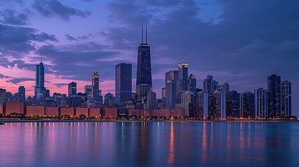 Obraz premium Chicago Skyline Panorama at Dusk with Illuminated Buildings