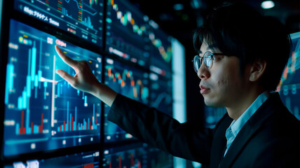 Fototapeta premium Asian business man in suit and eyeglasses working with stock market data on monitor.