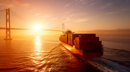 Obraz premium A container ship traverses a calm sea under a vibrant sunset near a large bridge, showcasing maritime transport and scenic beauty.