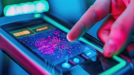 Futuristic digital payment terminal with biometric security scan, digital payment, advanced security