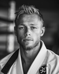 Obraz premium Young Man in Jiu-Jitsu Gi Posing for Portrait in Training Facility
