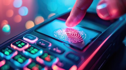 Futuristic digital payment terminal with biometric security scan, digital payment, advanced security