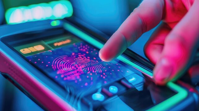 Futuristic digital payment terminal with biometric security scan, digital payment, advanced security