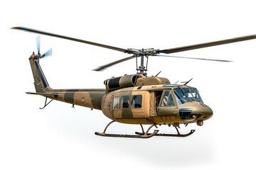 Fototapeta premium Dynamic Army Helicopter Soaring on White Background