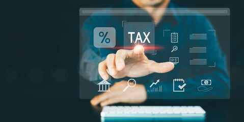 Calculation tax return, E-tax, Businessman show TAX for Individual income tax return form online for tax payment concept, Government, state taxes, Data analysis, paperwork, financial research