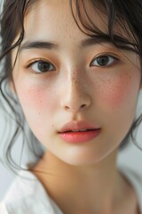 Fototapeta premium Close Up Portrait of Young Asian Woman with Freckles and Pink Cheeks