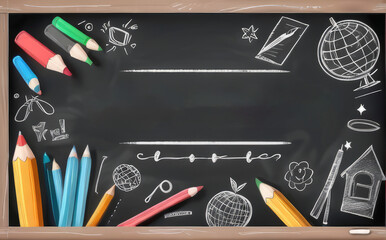 chalkboard with copy space drawings icons on a school theme