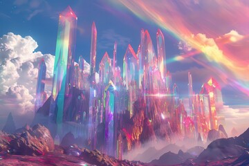 Crystal Cityscape Under a Rainbow Sky