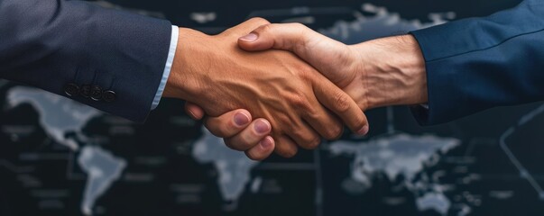Obraz premium Close-up of hands shaking with a world map and trade routes overlay, trade handshake, international deal
