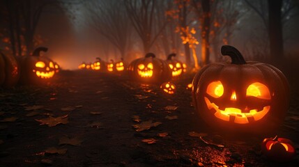 Spooky Jack-o'-Lanterns Illuminating a Foggy Night