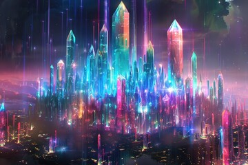 A Cityscape of Illuminated Crystal Towers Under a Starry Sky
