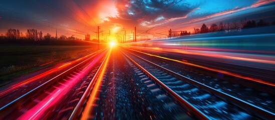 Train Tracks at Sunset With Blurred Light Trails