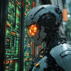 Fototapeta premium Humanoid Robot with Holographic Brain and Digital Data Screens