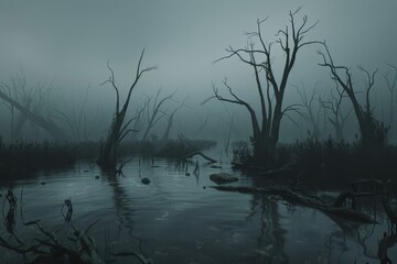 A Silhouetted Forest Reflecting on a Still, Foggy Lake