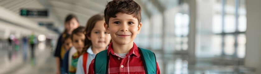 Family with children waiting in line at airport customs, travel, airport scene