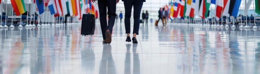 Fototapeta premium Passengers walking through airport with international flags in background, global travel, airport customs
