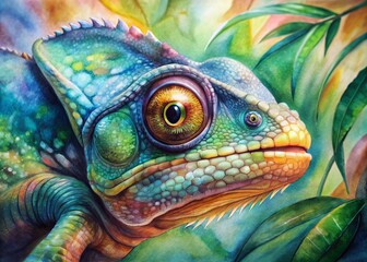 Fototapeta premium Vibrant close-up of a colorful chameleon's intricate scales and eyes, showcasing its remarkable color-changing ability in a lush tropical wildlife setting.